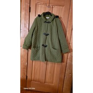 CJ Banks Olive Green Quilted Duffle Coat Faux Fur Trim Hood Toggle Jacket 3X